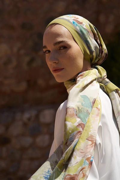 ED Scarf Sunrise Flower Pattern Shawl - Oil Green