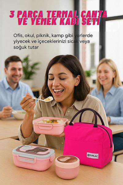 SürLaz Thermal Bag and 2-Piece Food Container Set – Hot & Cold Preservation, Office, Camping, Picnic and School Use