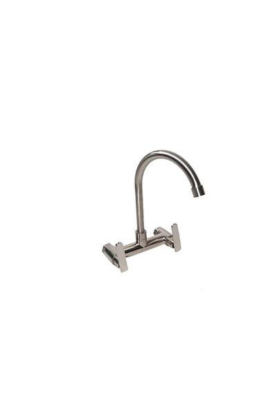 RAY Kitchen faucet, double control, with swan neck spout, wall-mounted, satin stainless steel