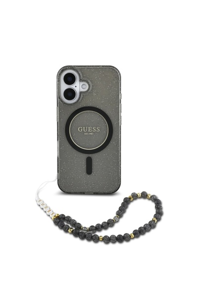 Guess Carcasă pentru iPhone 16, IML Glitter cu Curea Perlată MagSafe, - Negru