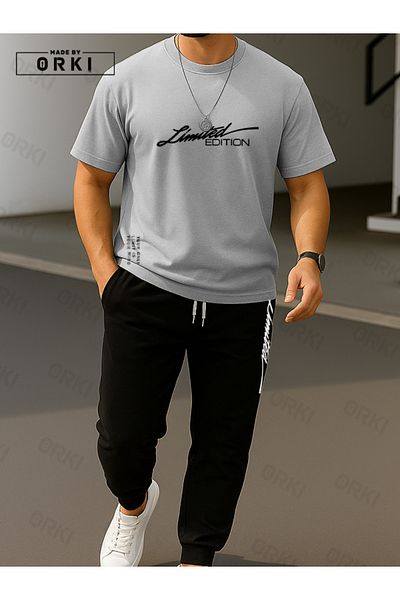 EFFRENATU Limited Edition Printed Oversize Gray T-Shirt & Black Pants Tracksuit Set