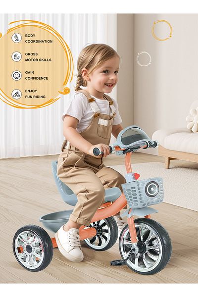KidLe Kids Tricycles, with Storage Basket, with Music and Light, Trike for 2-6 Years Boys and Girls