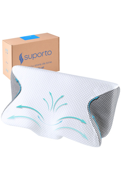 Suporto Pernă cervicală ortopedică pentru dormit, cu extensii, spumă cu memorie, suport, alb-negru
