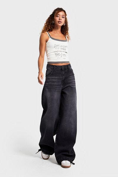 its basic Women's Smoked Color 2W5-1 Straight Baggy Fit 100% Cotton Wide Leg Lace Detail Loose Cut Denim Jean