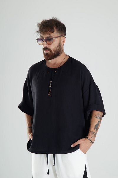 COCOPELLI Black Muslin Fabric Oversize Poor Sleeve T-Shirt