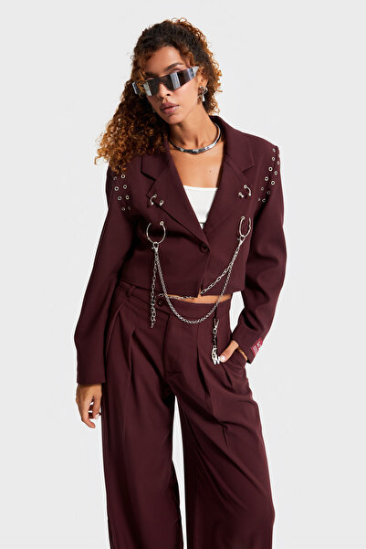 its basic Жіночий бордовий колір з деталями у вигляді пташиного ока, кроп-фасон, спеціальний дизайн, тканинний піджак