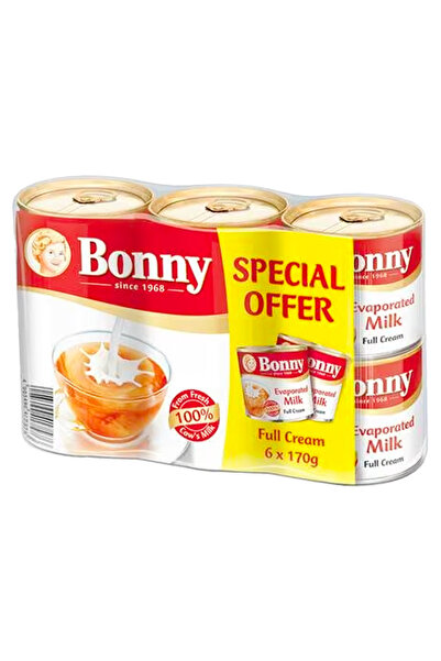 bonny حليب مبخر كامل الدسم، 170 جم × 6