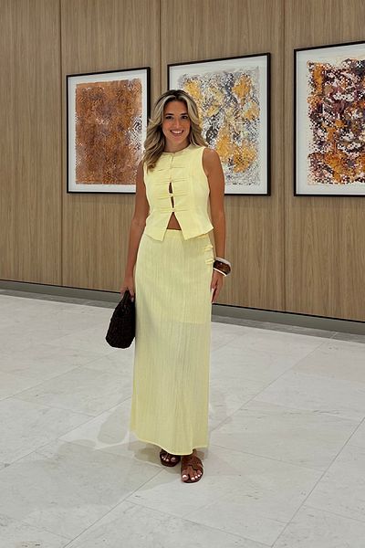Laluvia Yellow Brit Detailed Vest Skirt Suit - 8749