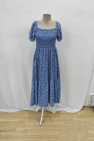 Mossta Rochie din jerseu cu mâneci scurte și cu mâneci scurte cu guler pătrat - Albastru