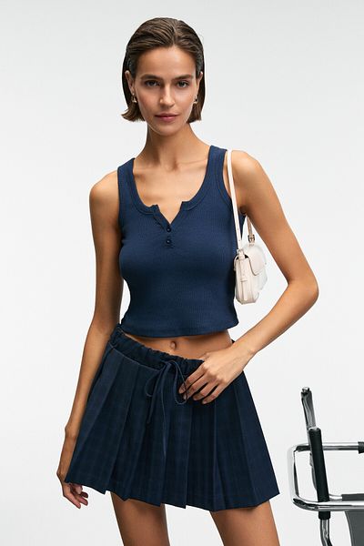 GRIMELANGE Mavsera Women's Thick Strap U Neck Button Crop Slim Navy Blue Tank Top