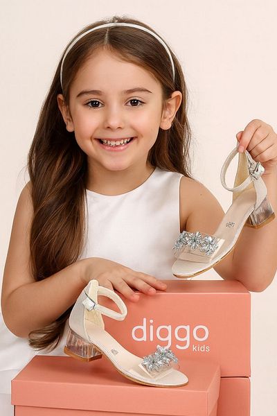 DİGGO Girl's Evening Dress Shoes Transparent Heel Flower Stone Detailed