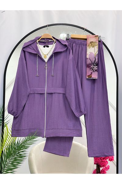 YEDİLALE Moti̇ve Hooded Zippered Relaxed Women's Double Tesstur Set
