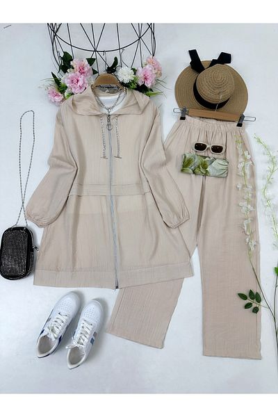 YEDİLALE Moti̇ve Hooded Zippered Relaxed Women's Double Tesstur Set