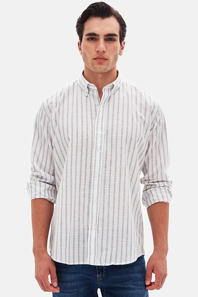 D'S Damat Ds Damat Slim Fit Gray Striped 100% Cotton Summer Linen Shirt
