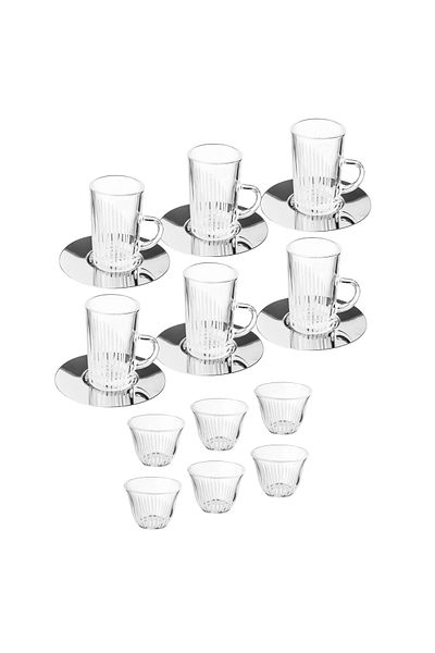 Dania Glass tea set with engraved decoration, consisting of 6 glass tea cups + 6 stainless steel saucers