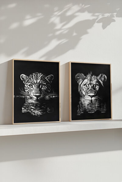 STARYUNA Ahşap Çerçeveli Leopar ve Aslanlı Siyah-Beyaz İkili Tablo Seti, Leop...