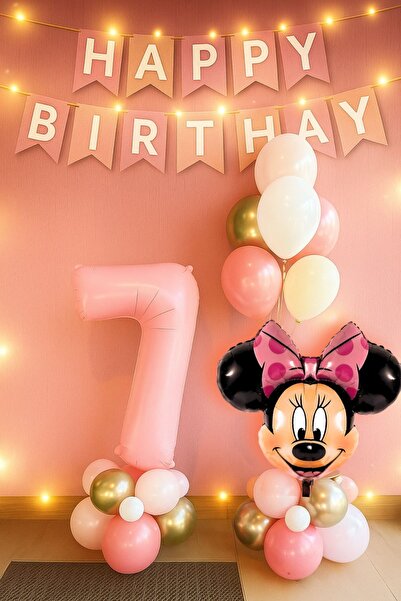 PARTİAVM 7 Year Old Minnie Mouse Pink Number Balloon Happy Birthday Written B...