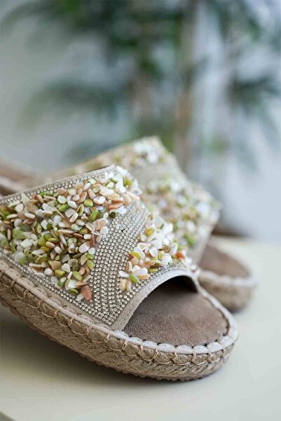 shoe for me Dennis women's beige stone embroidered slippers