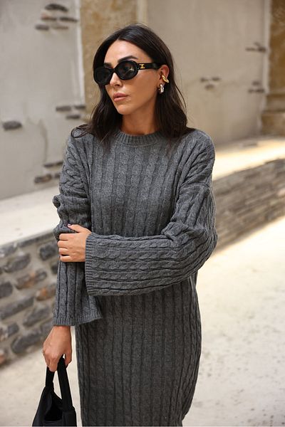POİNE Women's Crew Neck Hair Braided Knitwear Dress