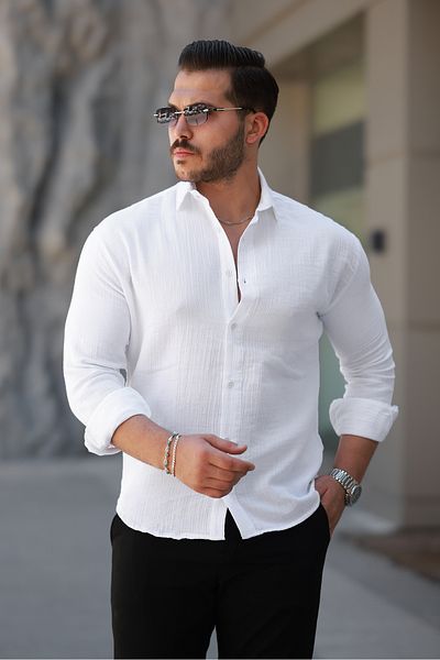 COMBİNE MİCHAİL Men's Linen Look White Loose Muslin Shirt