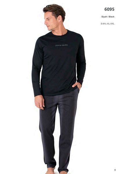 Pierre Cardin 6095 Men's Long Sleeve Crew Neck Pajama Set-Black