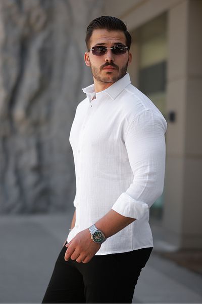 COMBİNE MİCHAİL Men's Linen Look White Loose Muslin Shirt