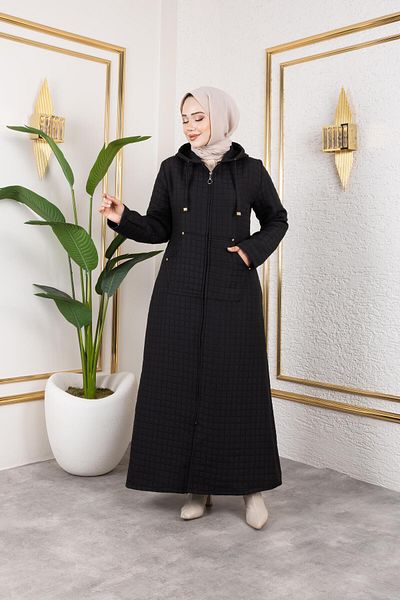 Hb Harma Time Butik Women's Hooded Zippered Pocket Black Quilted Long Cap