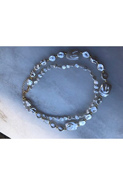 shop İKİLİ GÖRÜNÜM PARLAK IŞILTILI BÜYÜK TAŞLI İNCİLİ KOLYE KREM RENK