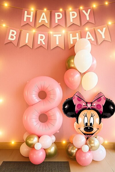 PARTİAVM 8 Year Old Minnie Mouse Pink Number Balloon Happy Birthday Written B...
