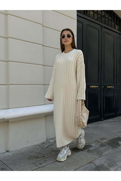 POİNE Women's Crew Neck Hair Braided Knitwear Dress