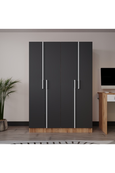 AZZURİ PİYANO 4 Kapaklı Dolap Genç Odası-Çocuk Odası Gardırop Antrasit-MEŞE