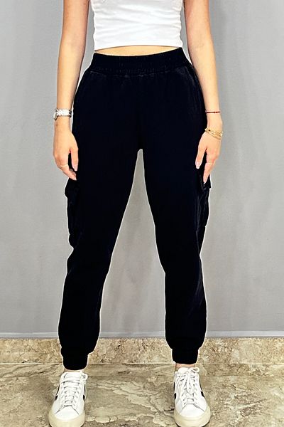 Tam Moda Women's Black Cargo Pocket Elastic Leg Trousers