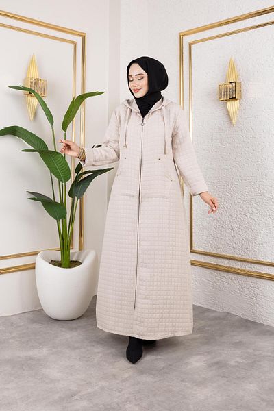 Hb Harma Time Butik Women's Hooded Zippered Pocket Beige Quilted Long Cap