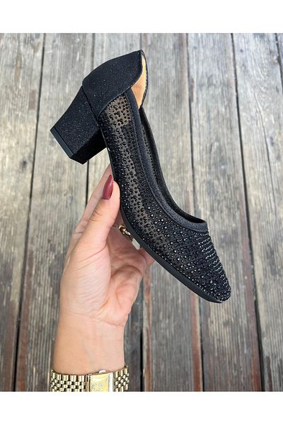Nur Rose Women's Black Stone Comfortable Daily Anatomical Stylish Evening Dress Cup Short Thick Heeled Laceless Mother Shoes