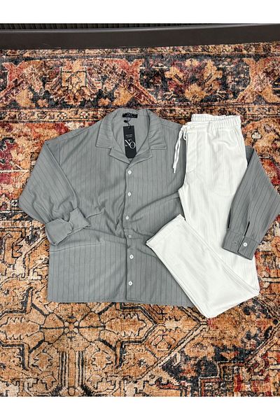 NO 601 Men's Gray Chunky Striped Shirt & White Double Leg Buttoned Pantalon Suit