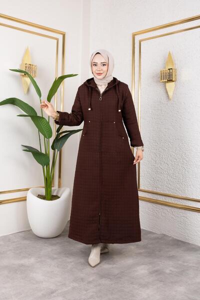 Hb Harma Time Butik Kadın Kapüşonlu Fermuarlı Cepli Kahverengi Kapitone Uzun Kap