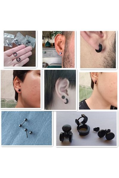 RAHEL Set of 6 pairs of Punk earrings, 8 mm, Black