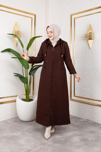 Hb Harma Time Butik Women's Hooded Zippered Pocket Brown Quilted Long Cap