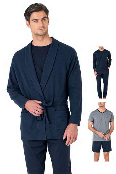 Pierre Cardin 5640 Men's Knitwear Pajama Set with Dressing Gown - Navy Blue