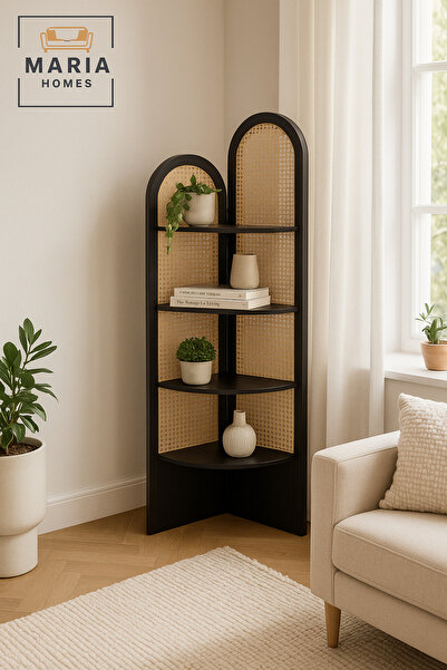 MARIA HOMES رف زاوية من الخيزران الأسود - 180×40×40 سم - رف عرض عصري موفر للم...