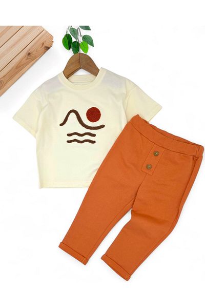 Ege Bebek Boy's Summer Embroidered T-Shirt, Sweatpants Bottomed 2-3-4-5-6 Years Old Stylish Nursery Set