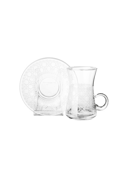 Dania Glass tea set with engraved decoration, consisting of 6 glass tea cups + 6 glass saucers