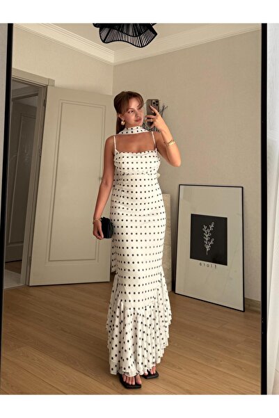 BAŞARAN Φόρεμα σιφόν με λευκό πουά σάλι