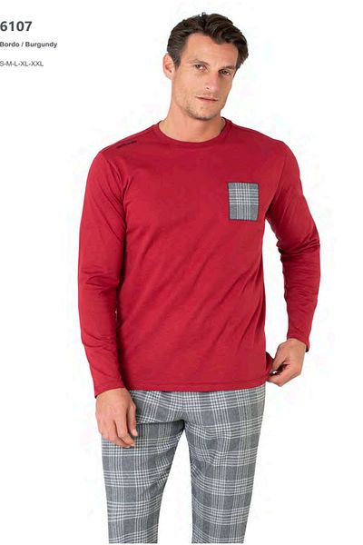 Pierre Cardin 6107 Men's Long Sleeve Crew Neck Pajama Set-Burgundy