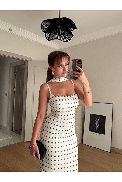 BAŞARAN Φόρεμα σιφόν με λευκό πουά σάλι