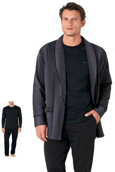 Pierre Cardin 5635 Men's 100% Cotton Long Sleeve Pajama Suit with Negligee-Black