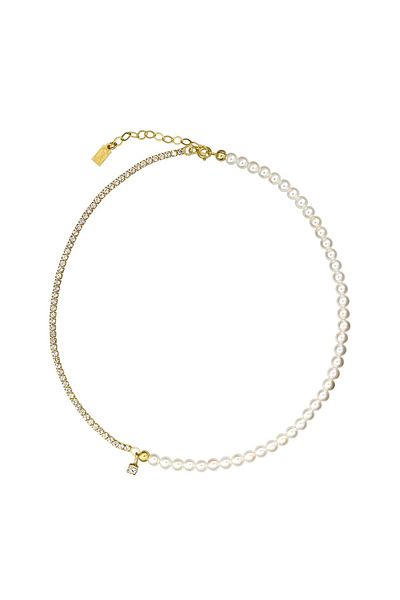 ohmygod jewelry Colier Tennis Argint cu Perle de 4 Mm si Cristale Albe din Argint Placat cu Aur, 33 Cm – Nina