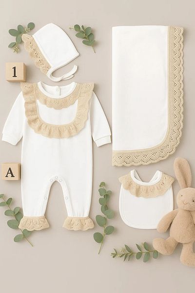 Babyhola 0-3 Months 100% Cotton Laced Jumpsuit Hat Bib Blanket Newborn Hospital Release Set 7072