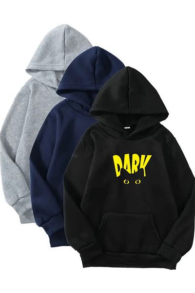 CLAYES 3-Piece Hooded Sweatshirt Set - Dark Cat Printed - Black, Navy Blue, Gray - Winter Embossed Fabric