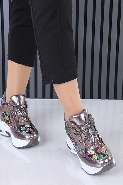 OBAY LİFE Women's Gray 10 cm Hidden Heel Floral Patterned Casual Sports Shoes Nbr4114
